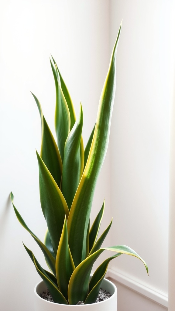 A tall snake plant with green and yellow leaves in a pot near a bright window