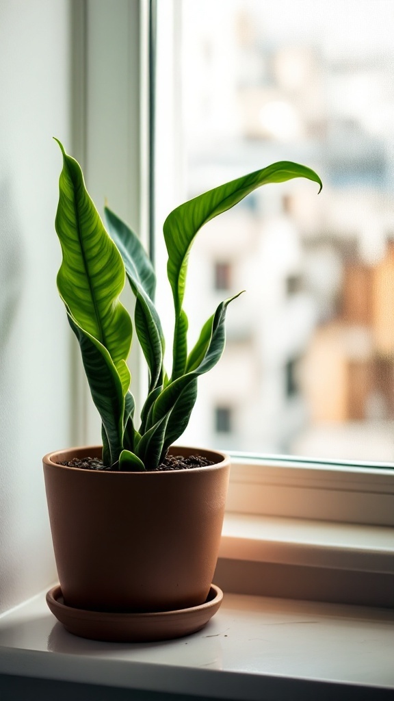 A healthy snake plant in a terracotta pot on a windowsill, showing vibrant green leaves