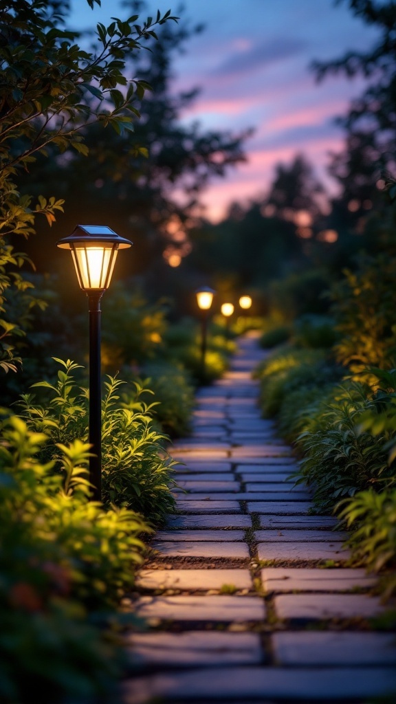 A pathway illuminated by solar-powered garden lights, surrounded by green plants under a twilight sky.