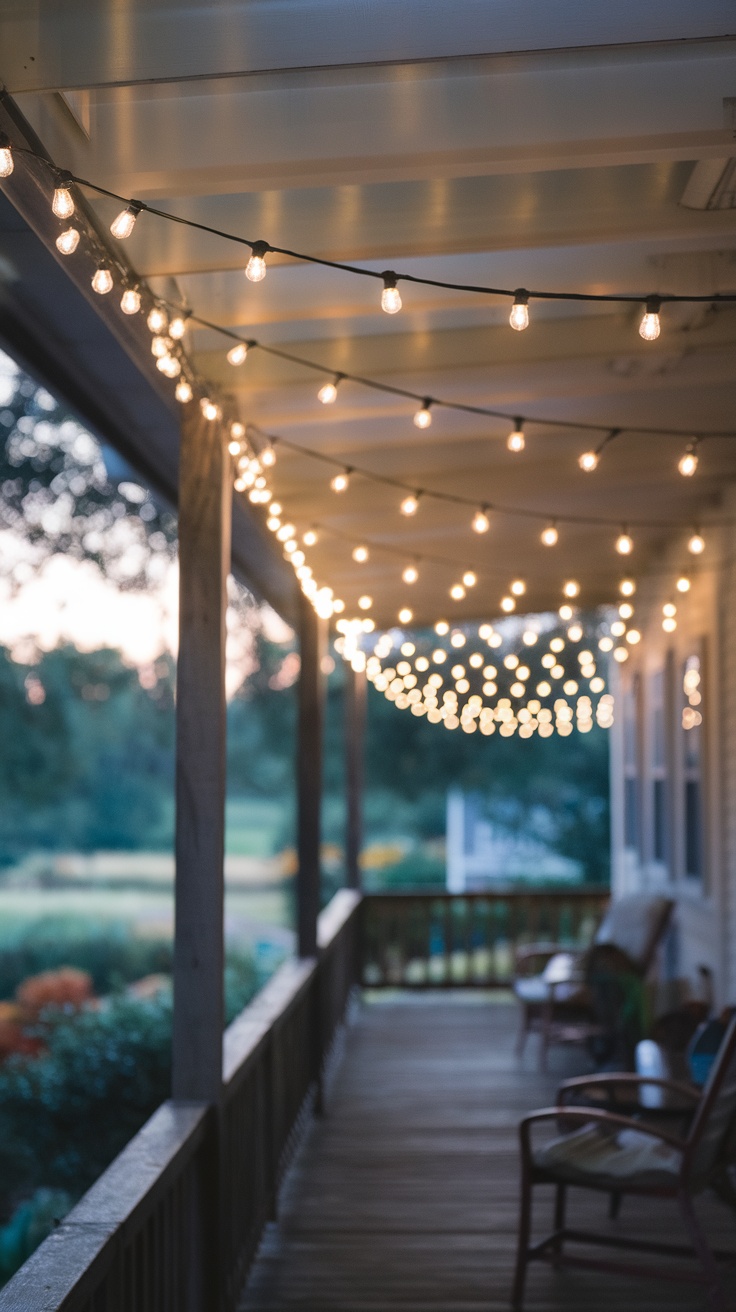 A porch decorated with solar-powered string lights illuminating the space