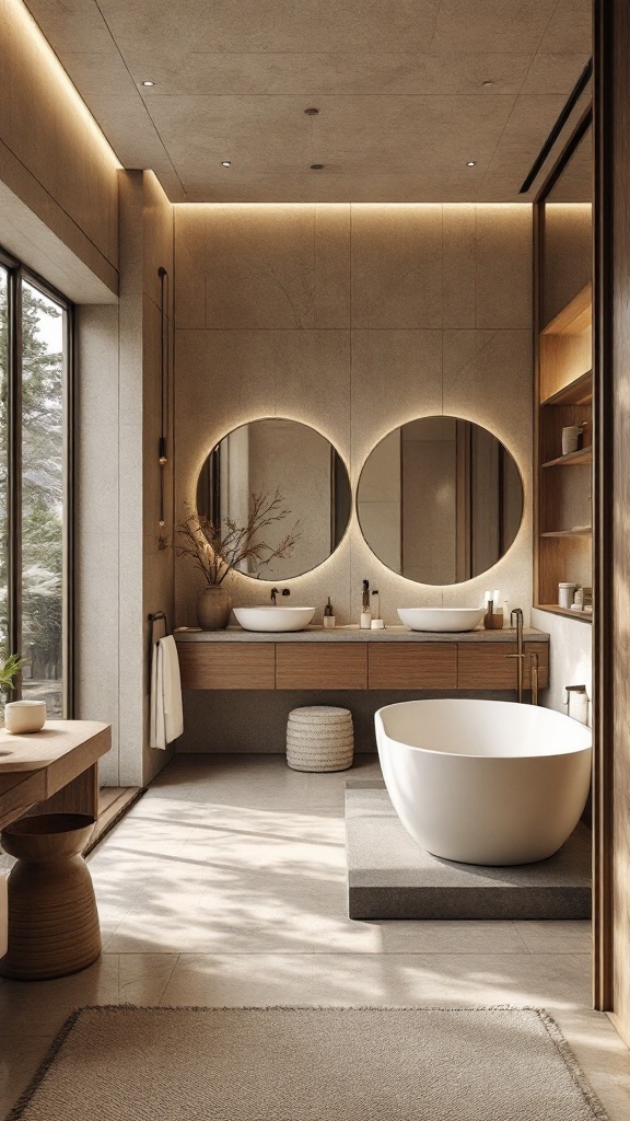 A modern spa-inspired bathroom featuring a freestanding bathtub, double vanity with round mirrors, warm wood tones, and large windows.