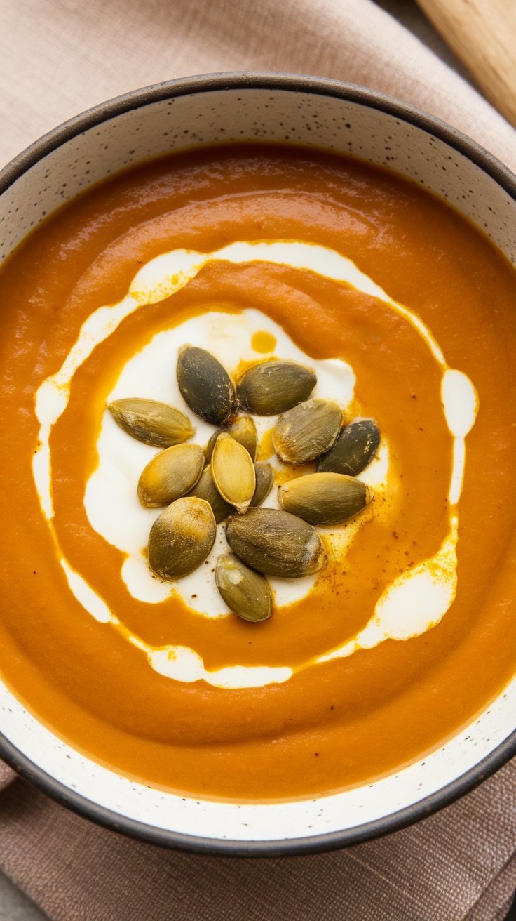 A bowl of creamy butternut squash soup topped with pumpkin seeds and a swirl of cream.
