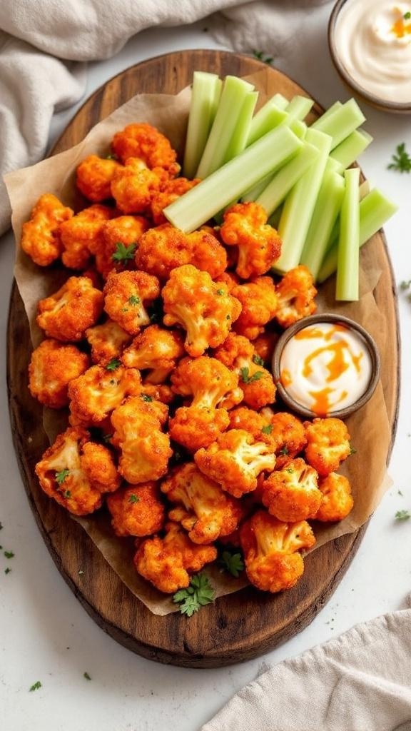 A platter of spicy buffalo cauliflower bites served with celery sticks and dipping sauce.