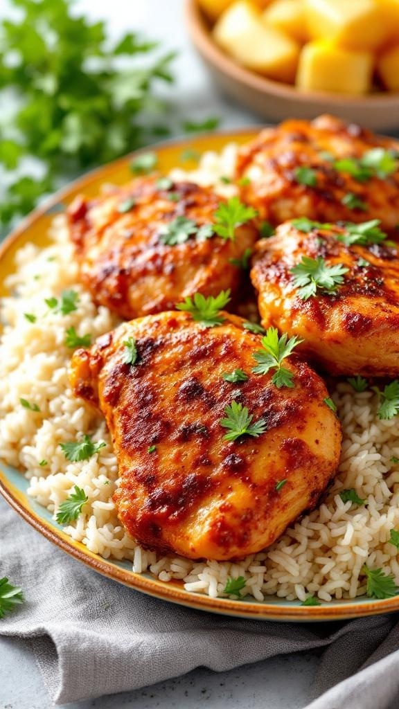 Spicy Cajun chicken thighs served on a bed of rice, garnished with parsley.