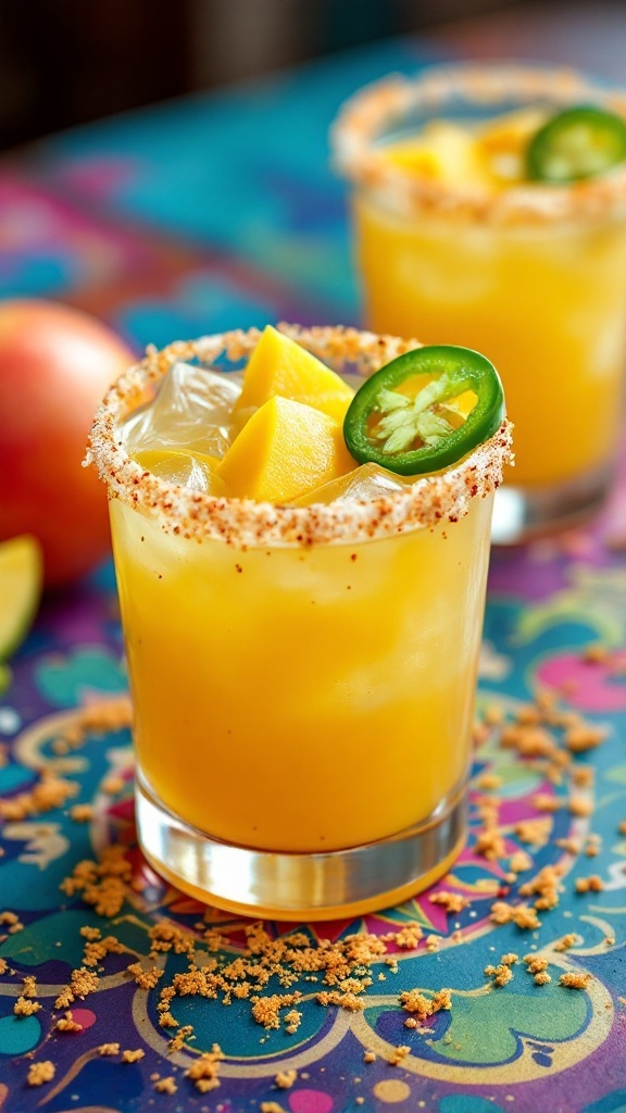 A refreshing Spicy Mango Margarita with a chili salt rim, garnished with mango slices and jalapeño.