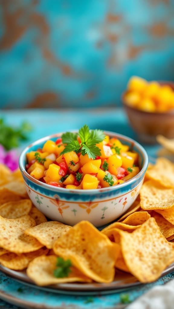 A bowl of spicy mango salsa surrounded by cinnamon chips