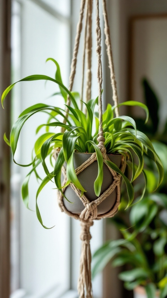 A spider plant in a hanging pot, showcasing its long green leaves and air-purifying qualities.