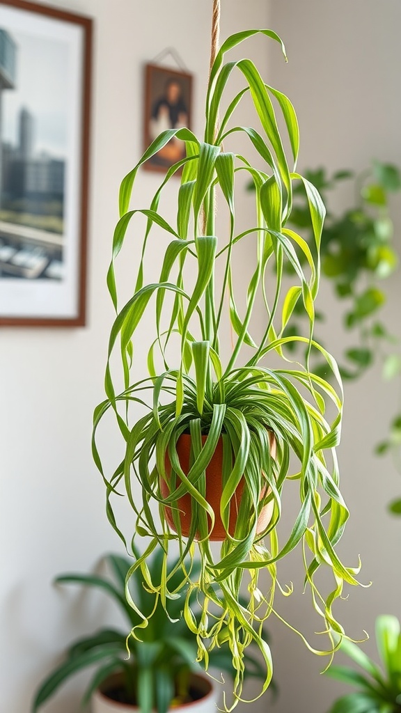 A Spider Plant hanging in a pot, with vibrant green leaves cascading down.