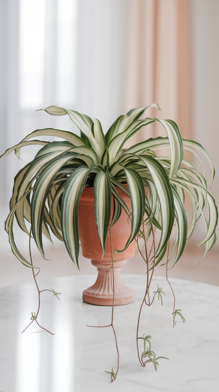 A healthy Spider Plant in a cozy apartment setting, basking in soft sunlight by the window.