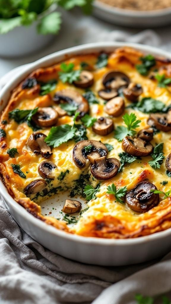 A delicious Spinach and Mushroom Breakfast Strata baked in a dish, garnished with fresh herbs.