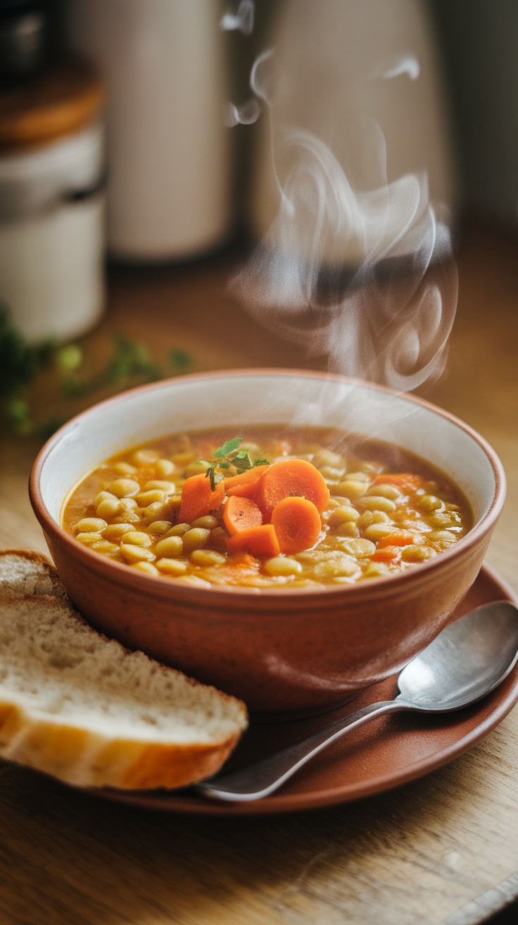 A bowl of split pea soup with carrots and bread on the side.