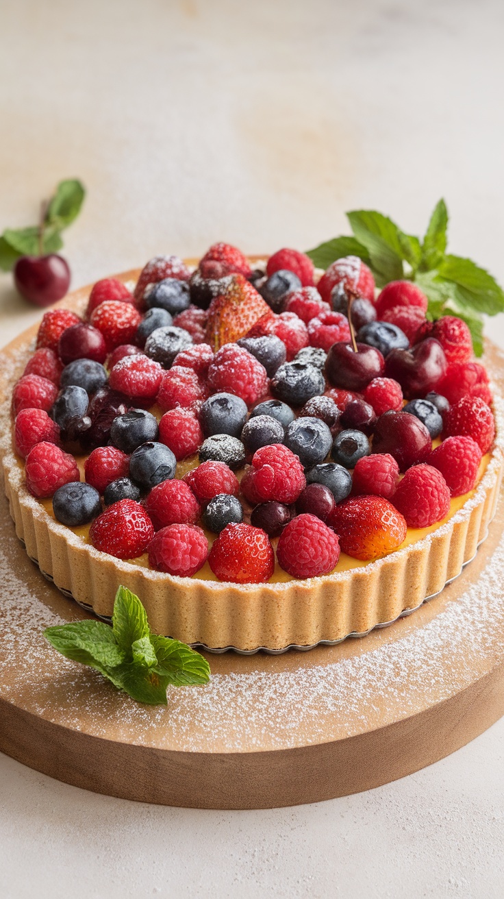 A colorful spring fruit tart topped with assorted berries and mint leaves.