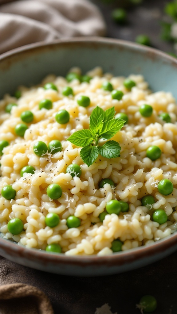 A bowl of spring pea risotto garnished with fresh mint