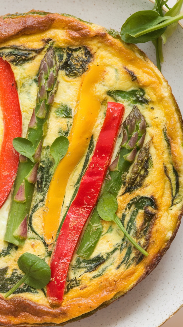 A delicious spring vegetable frittata with colorful bell peppers and asparagus.