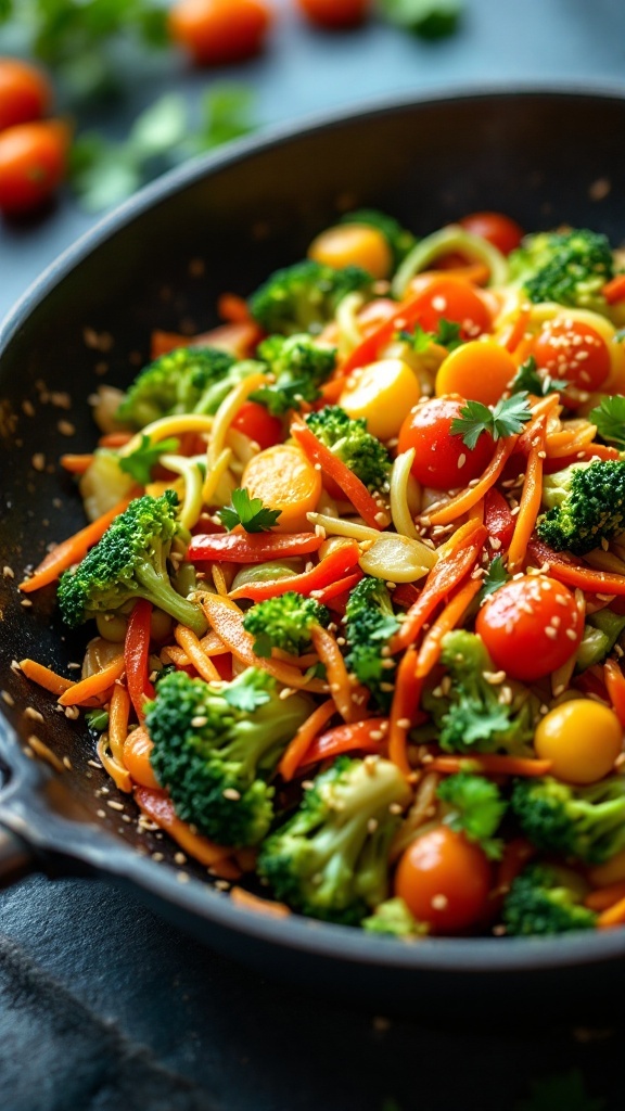 A colorful spring vegetable stir-fry with broccoli, cherry tomatoes, bell peppers, and carrots in a skillet.
