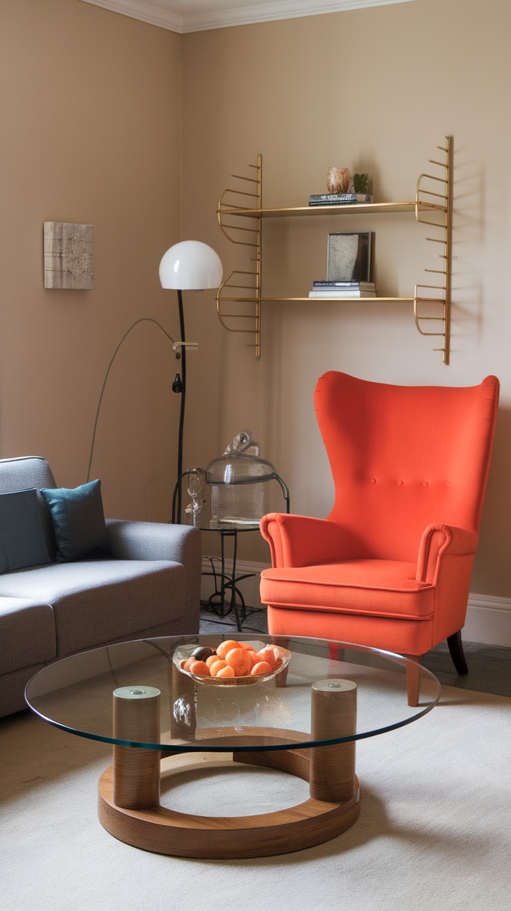 A stylish living room featuring a bold orange armchair, a round glass coffee table, and a minimalist grey sofa.