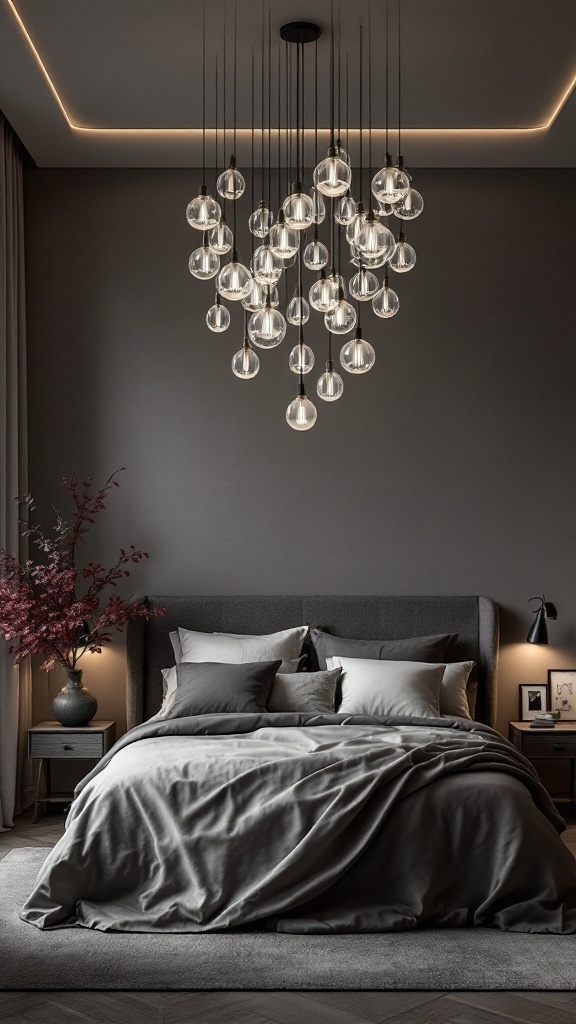 A modern luxury bedroom with a unique pendant light fixture hanging from the ceiling, complemented by warm tones and a stylish bed arrangement.