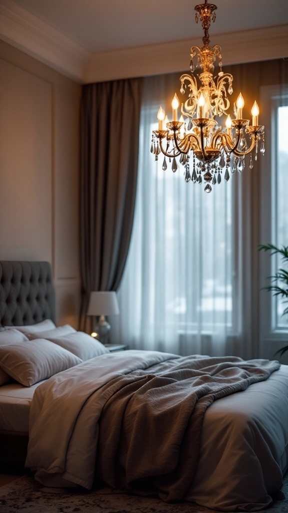 Luxury bedroom with a chandelier lighting fixture, plush bedding, and elegant curtains.