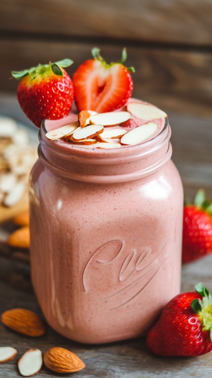 A delicious strawberry almond smoothie topped with sliced almonds and fresh strawberries.