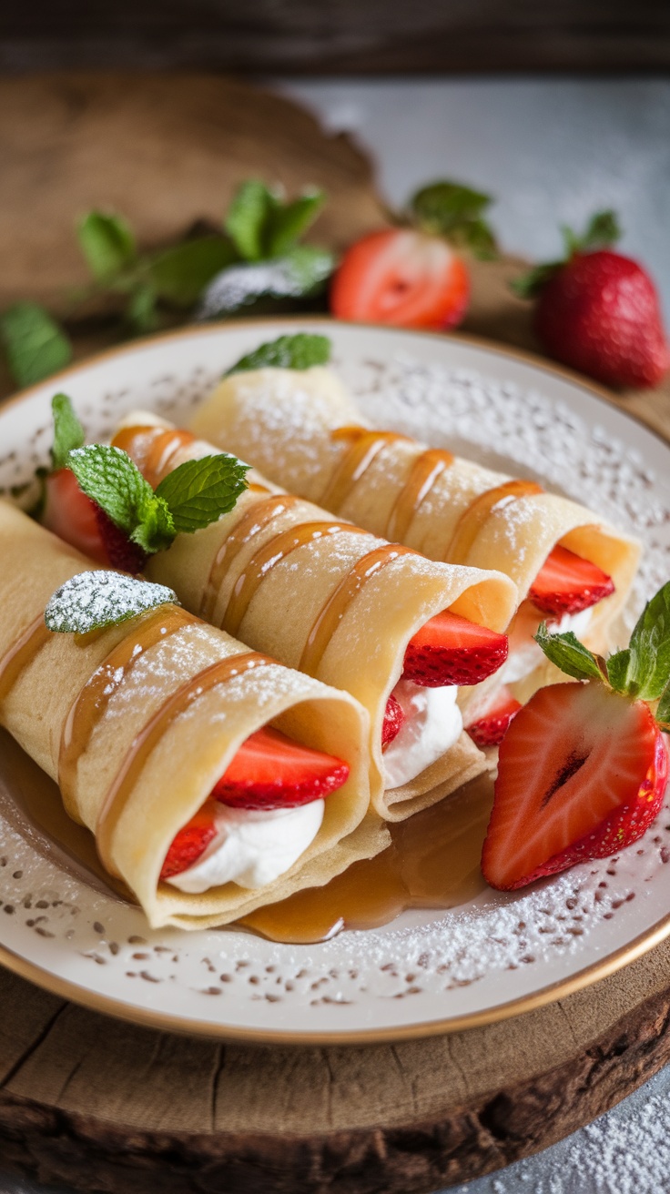 Delicious strawberry and cream cheese stuffed crepes on a plate.