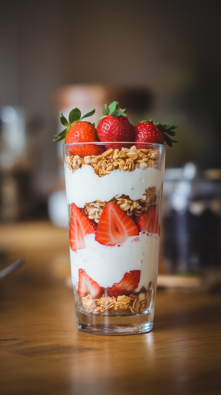 A delicious strawberry and yogurt parfait with layers of yogurt, strawberries, and granola.
