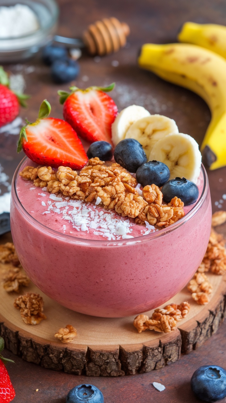 A colorful strawberry banana smoothie bowl topped with granola, sliced bananas, and strawberries.