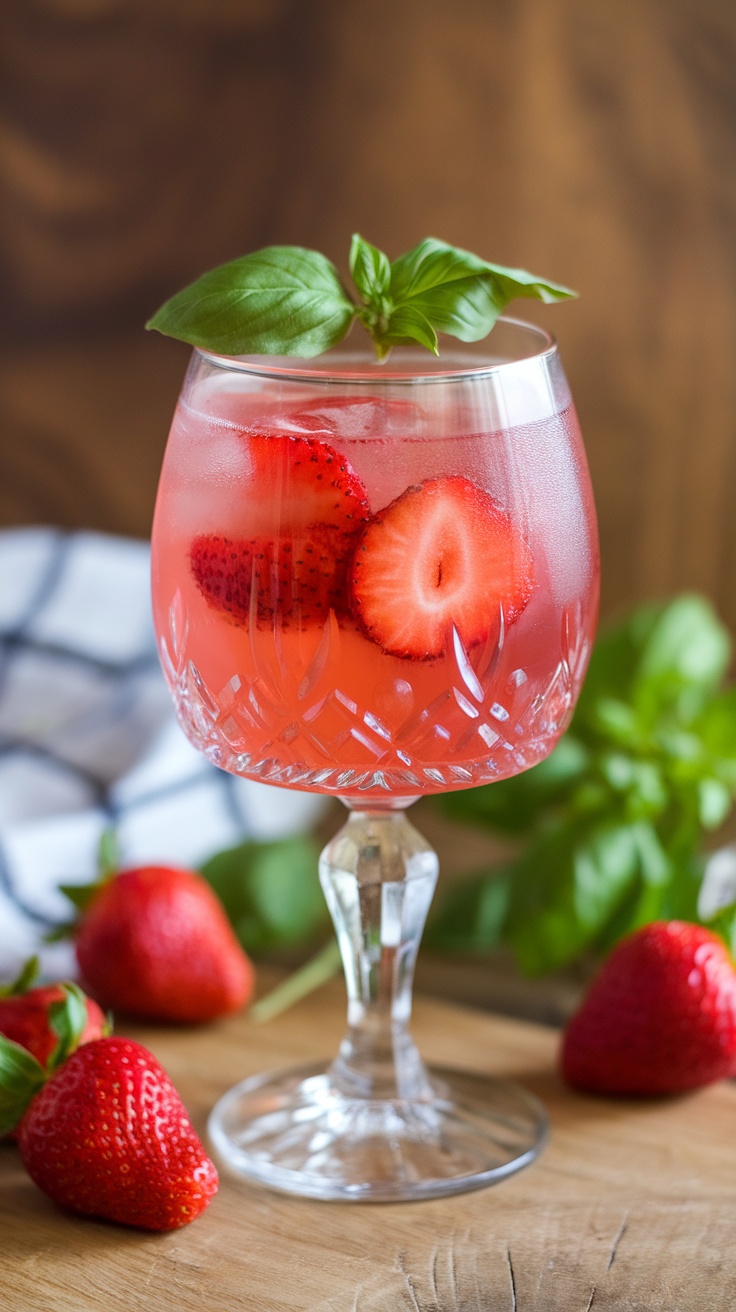 A refreshing Strawberry Basil Spritz cocktail in a crystal glass garnished with fresh basil and strawberries.