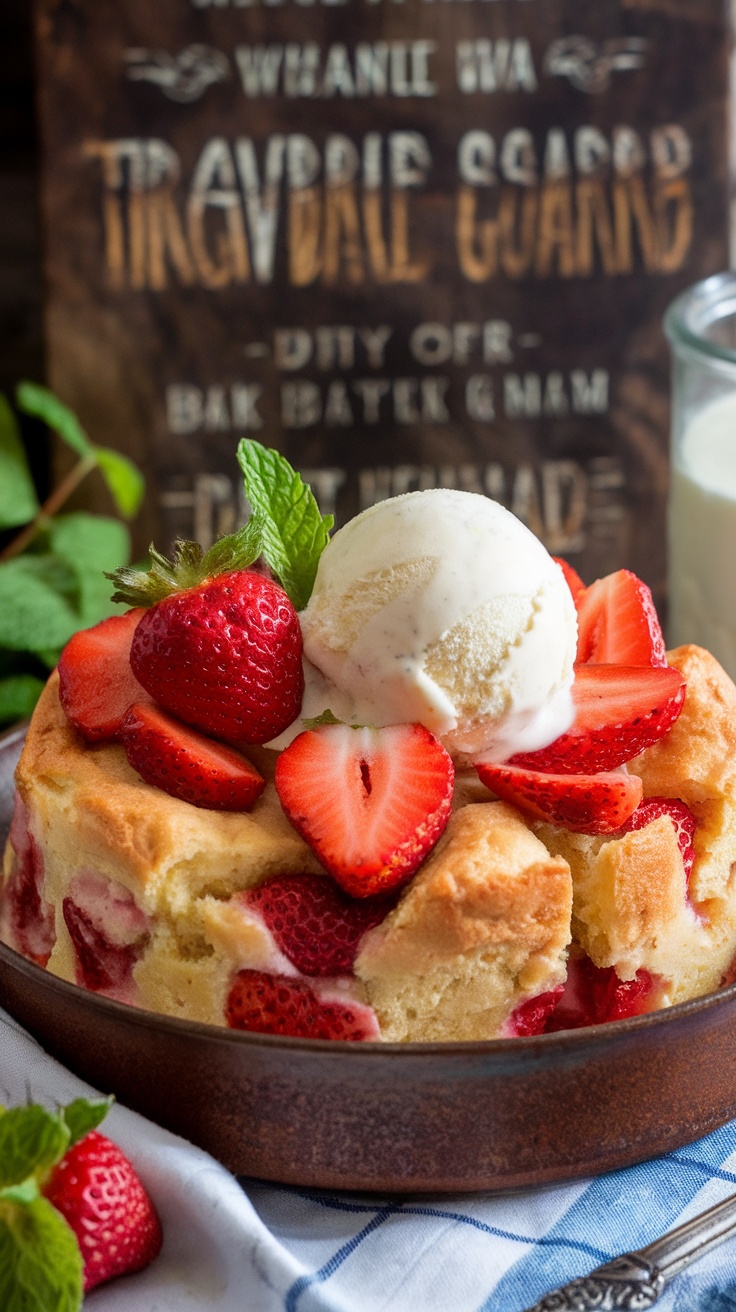 Delicious strawberry bread pudding served with fresh strawberries and ice cream