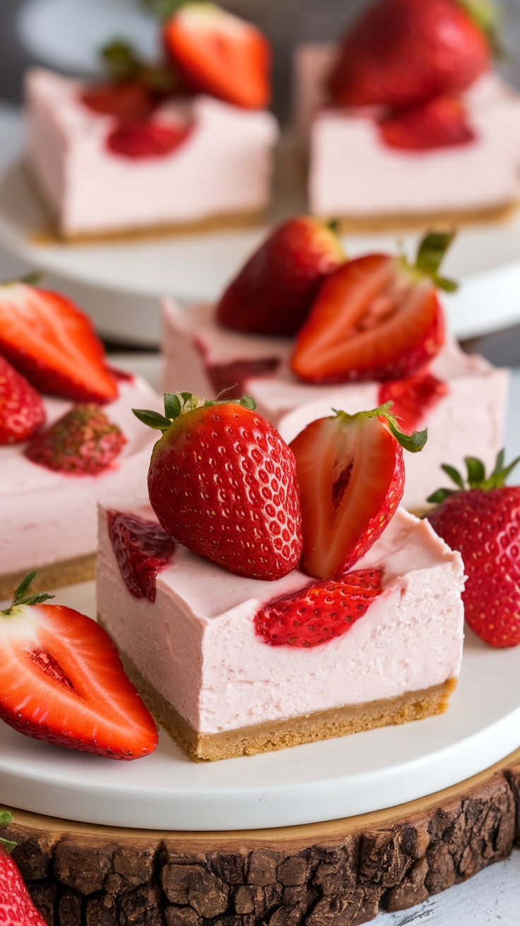 Delicious strawberry cheesecake bars topped with fresh strawberries.