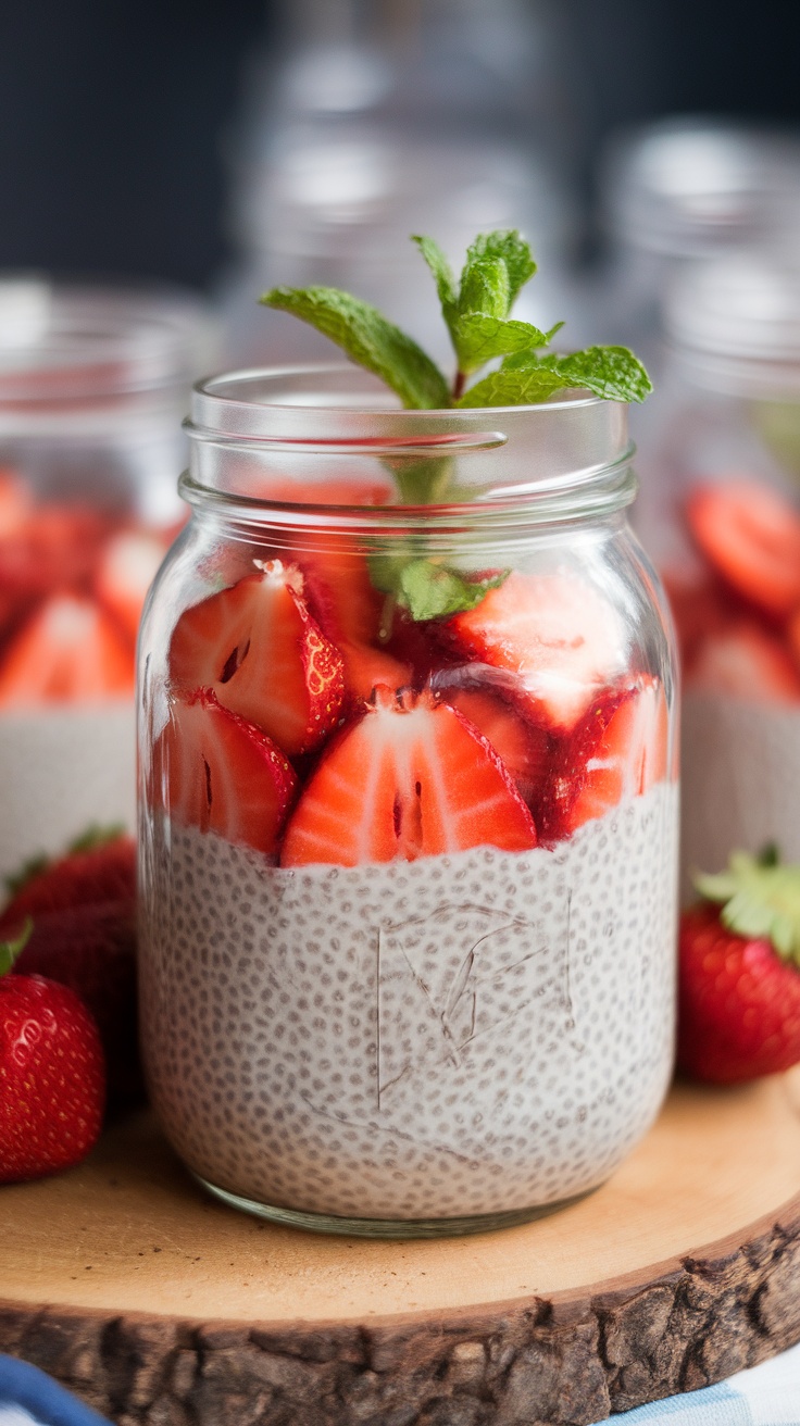 A jar of strawberry chia seed pudding topped with fresh strawberries and a mint leaf