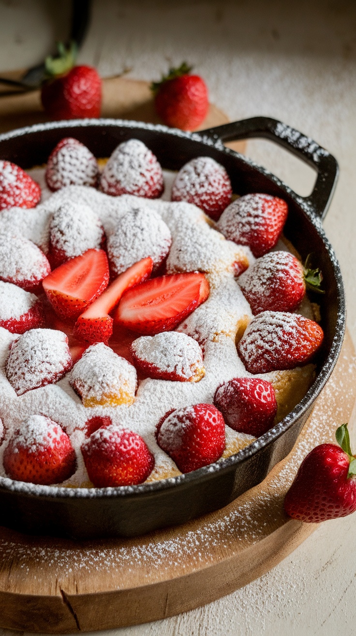 A delicious strawberry clafoutis topped with fresh strawberries and a dusting of powdered sugar.