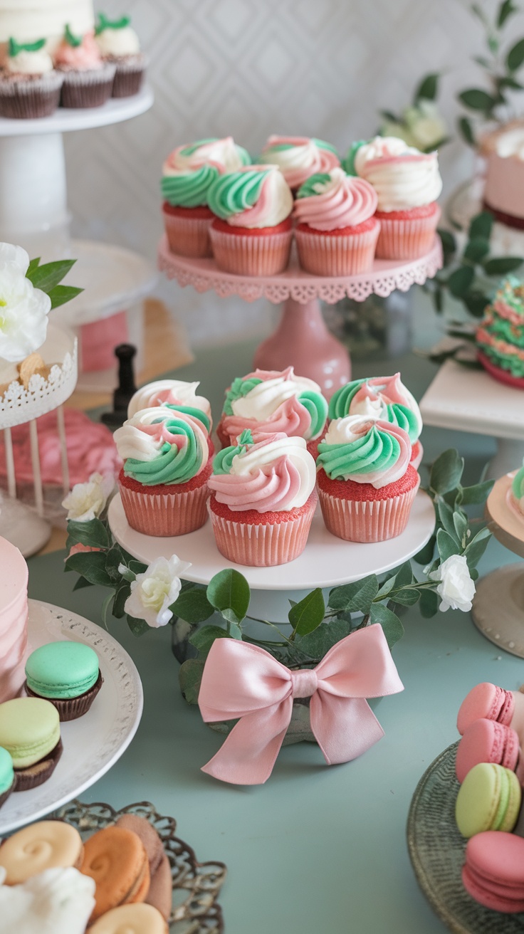 Delicious strawberry cupcakes with colorful swirl frosting