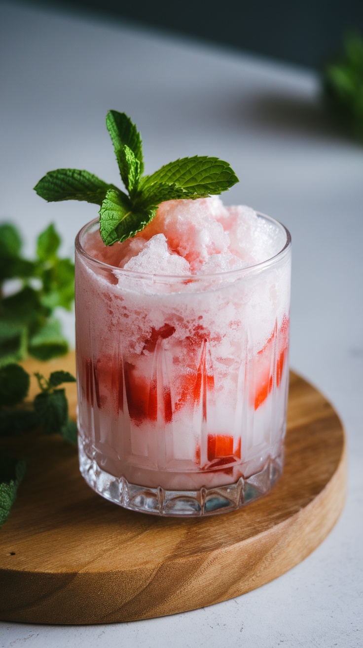 A refreshing glass of strawberry granita topped with fresh mint leaves.
