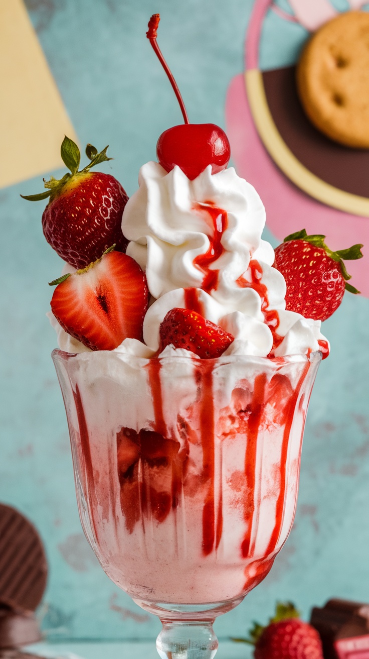 Delicious strawberry ice cream sundae topped with whipped cream, strawberries, and a cherry on top.