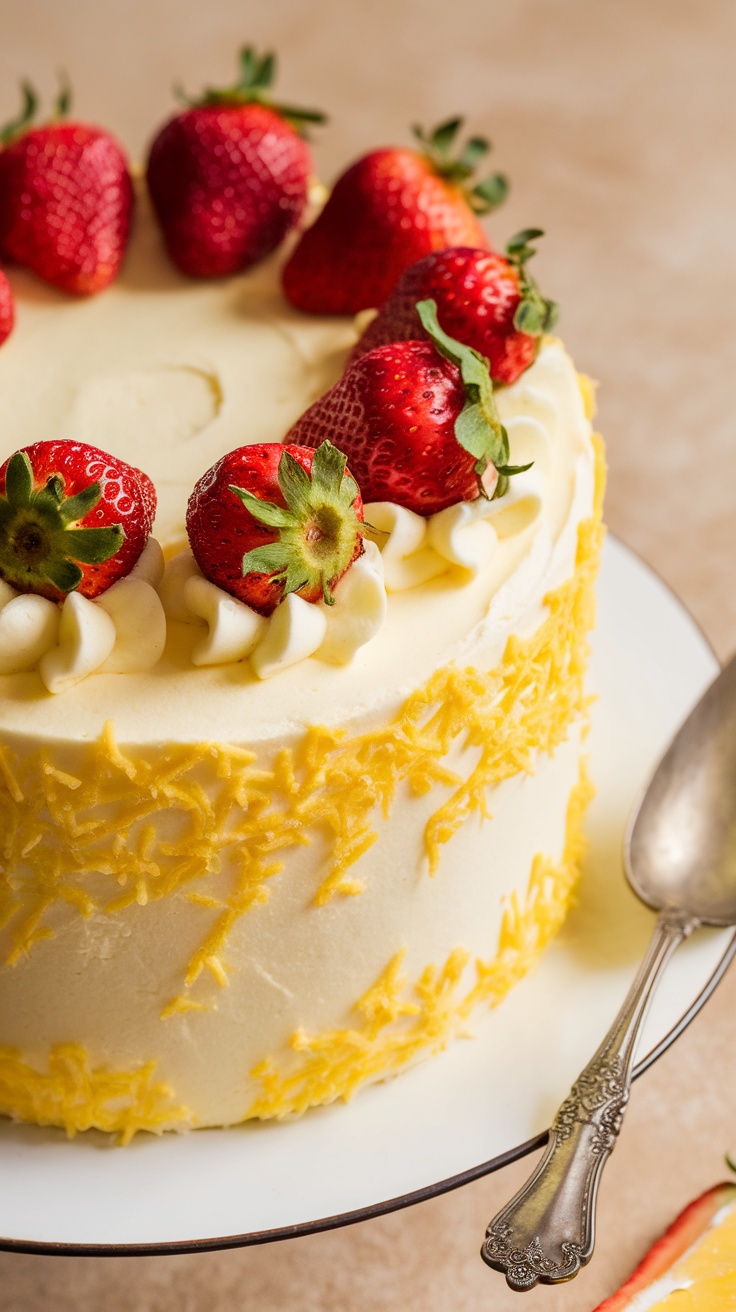 Strawberry Lemonade Cake topped with strawberries and lemon frosting.