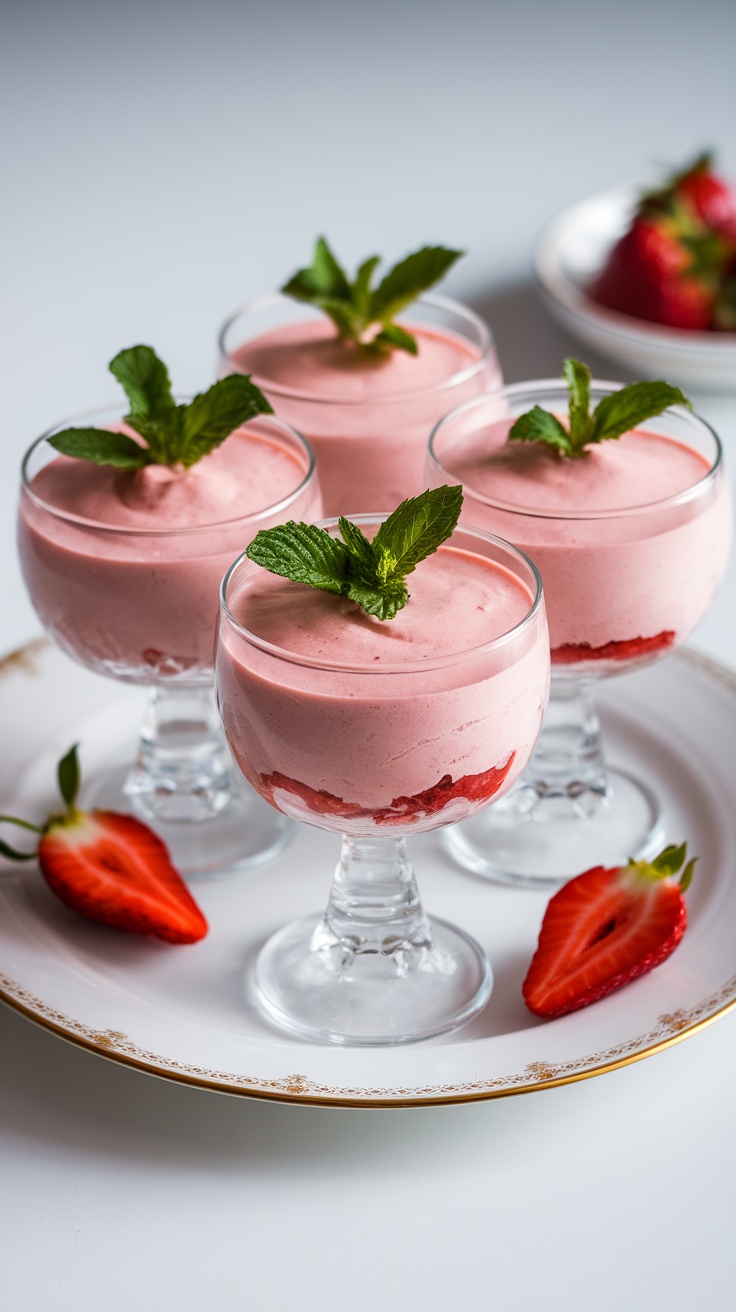 Delicious strawberry mousse garnished with mint leaves, served in clear glasses.