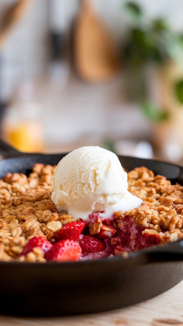 A delicious strawberry oatmeal crumble served with a scoop of vanilla ice cream