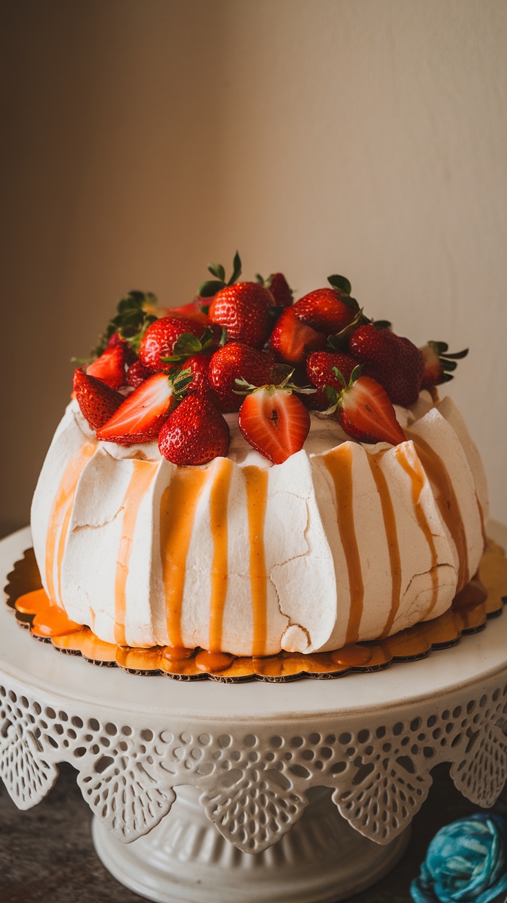 A beautiful strawberry pavlova topped with fresh strawberries and passionfruit drizzle, set on a decorative cake stand.