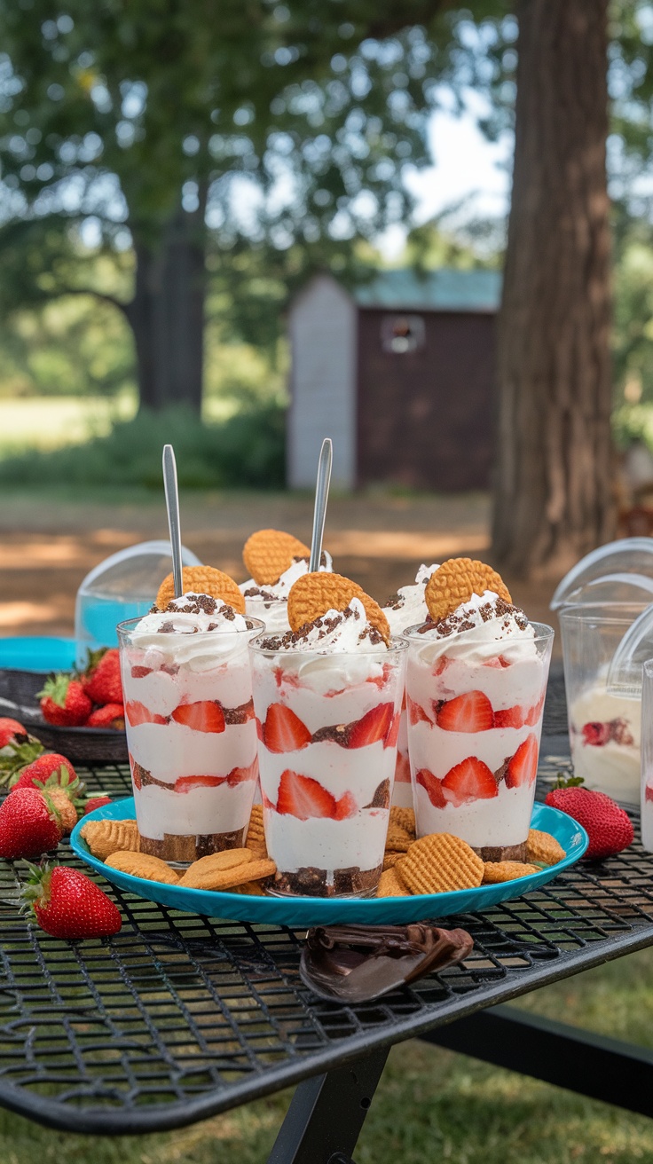 Delicious strawberry pudding parfaits layered with strawberries, pudding, and cookies.