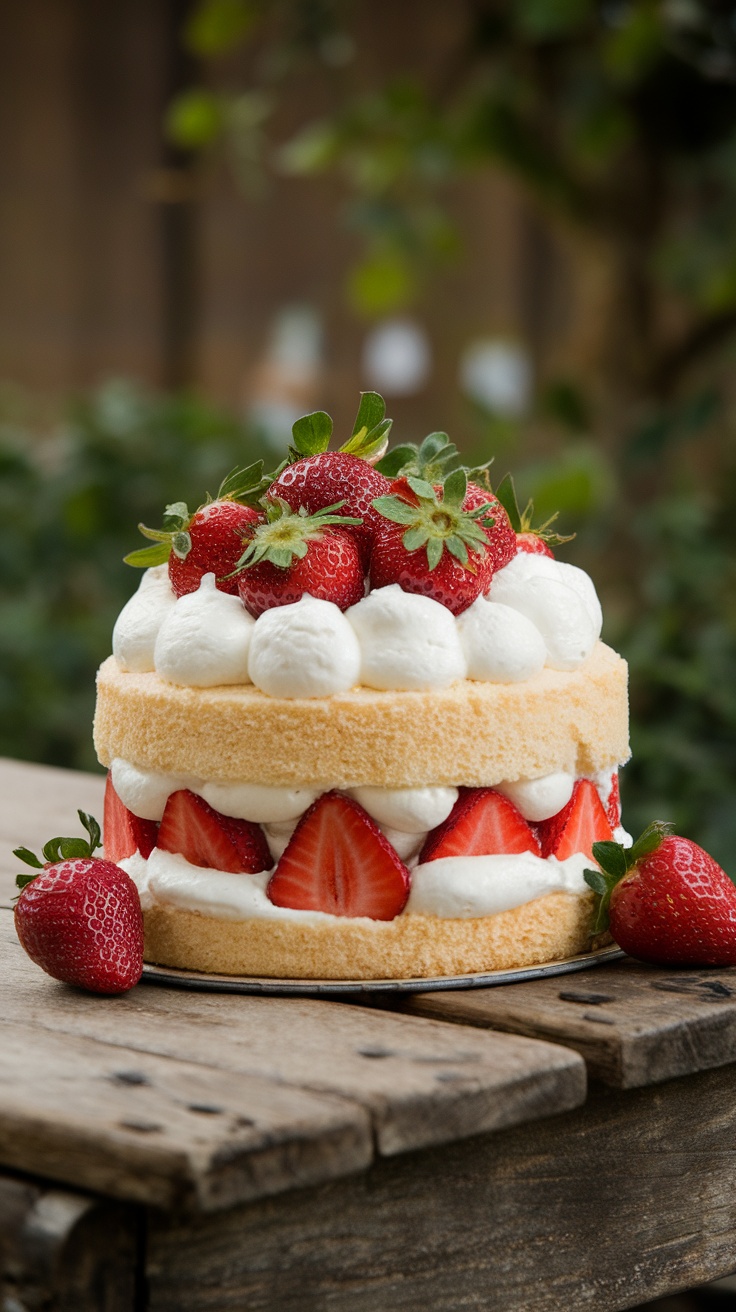 Strawberry shortcake layered with whipped cream and fresh strawberries