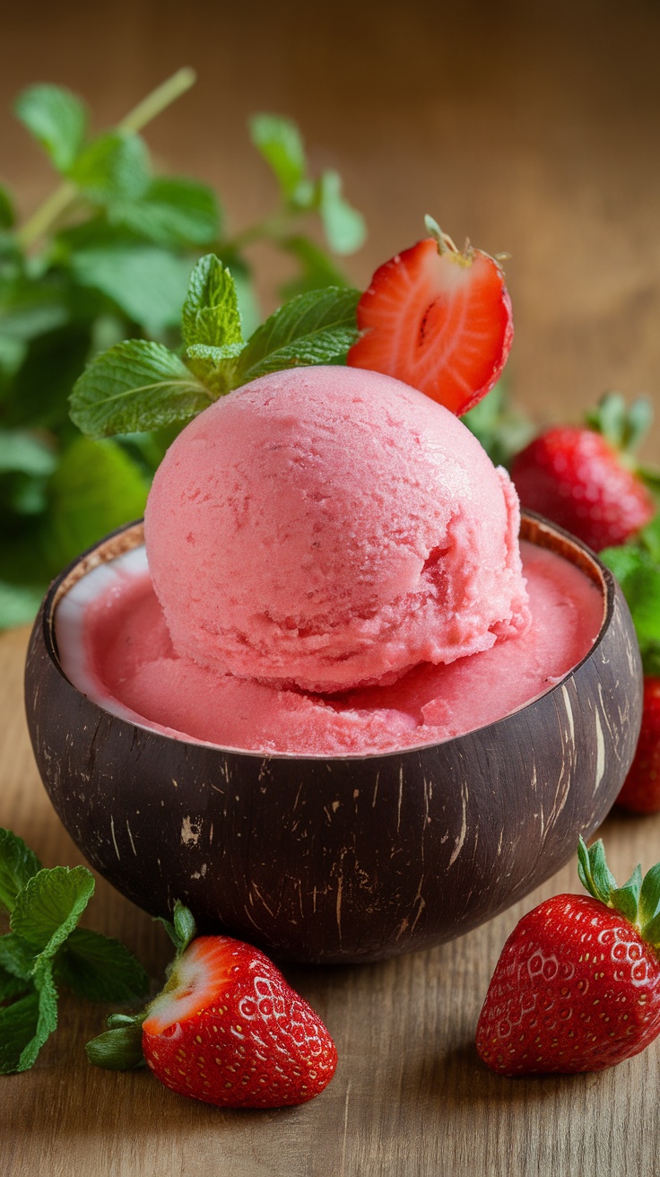 A coconut bowl filled with strawberry sorbet topped with a mint leaf and strawberry slice.