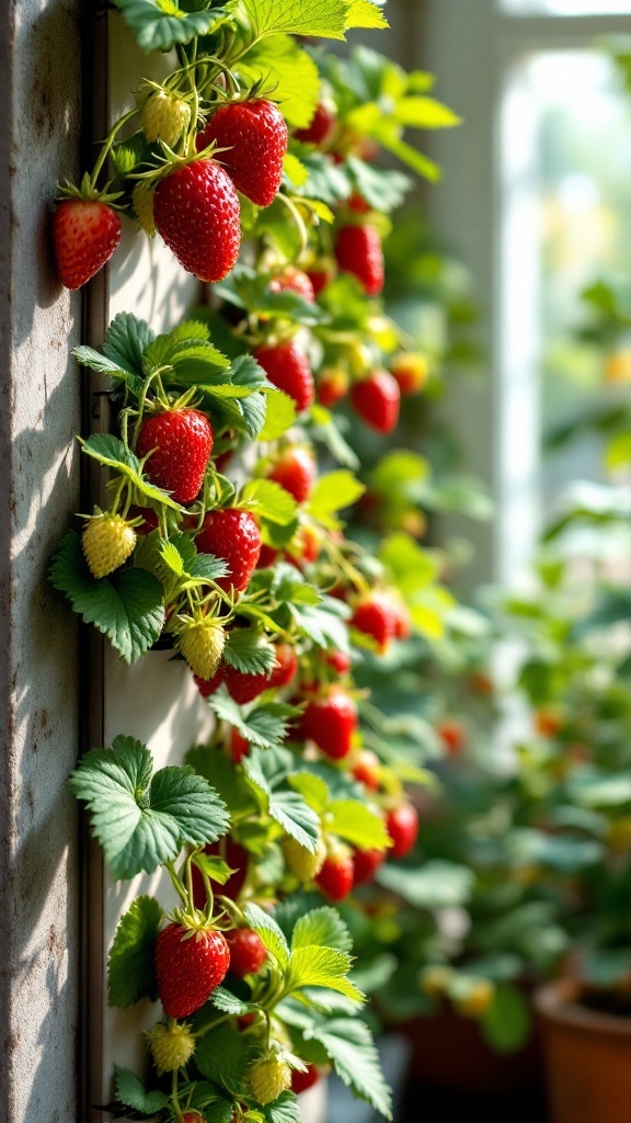 Vertical strawberry garden with ripe strawberries hanging from green leaves