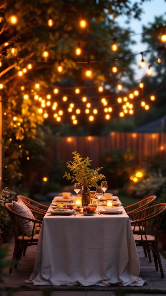 Outdoor dining setup with string lights creating a warm and cozy atmosphere.