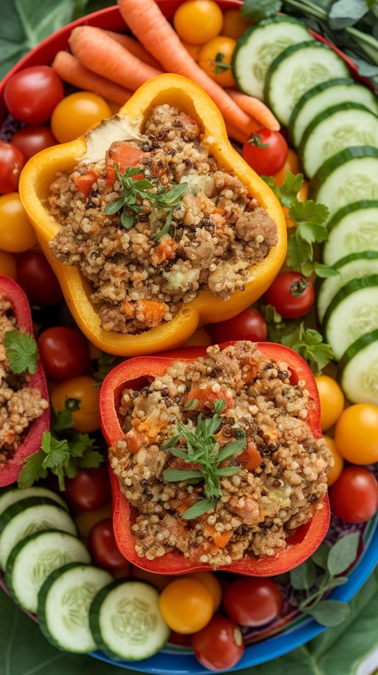 Stuffed bell peppers filled with ground turkey and vegetables on a colorful plate.