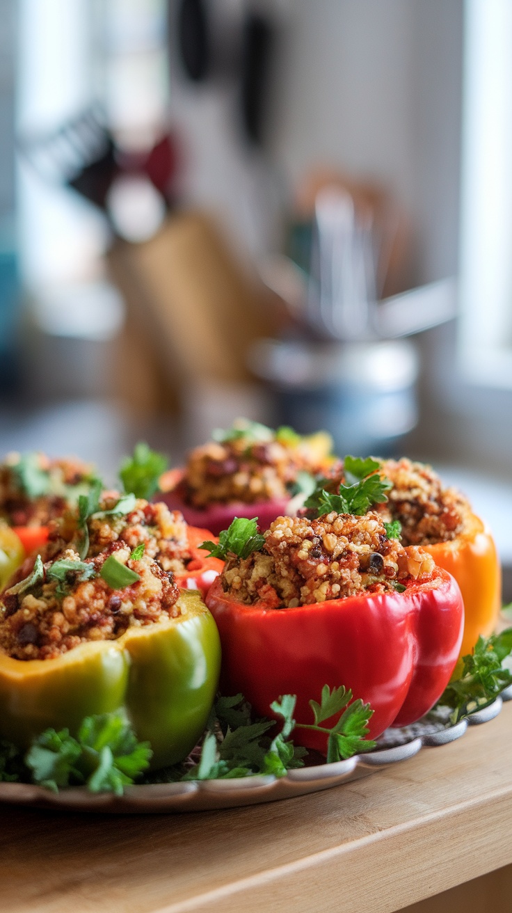 A colorful array of stuffed bell peppers filled with quinoa and garnished with herbs.