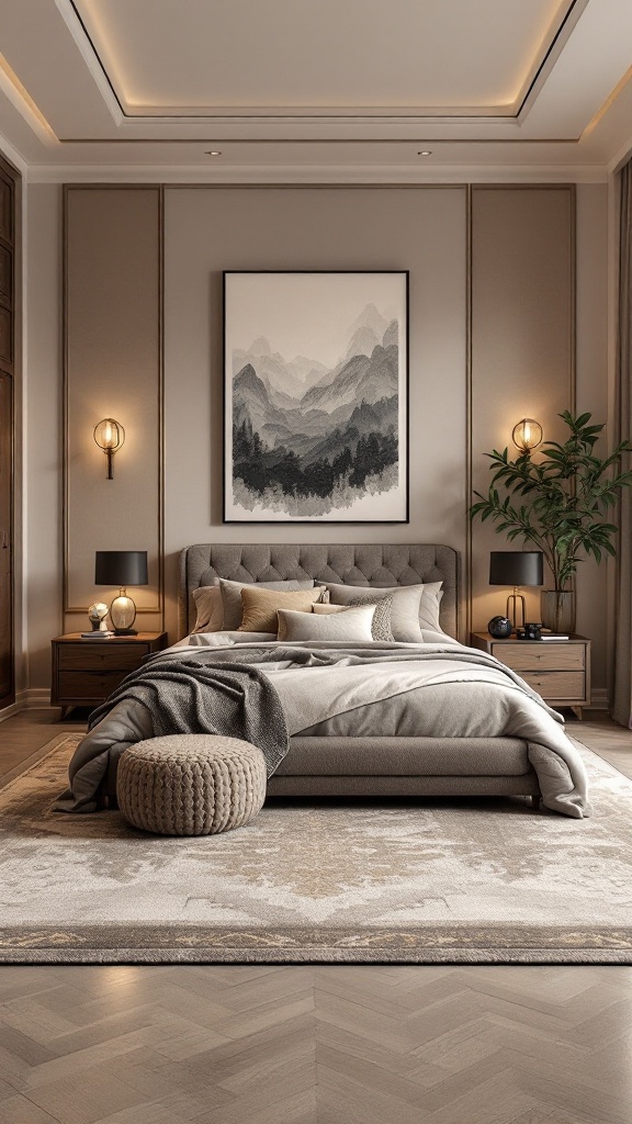 A stylish bedroom featuring a soft area rug that complements the decor