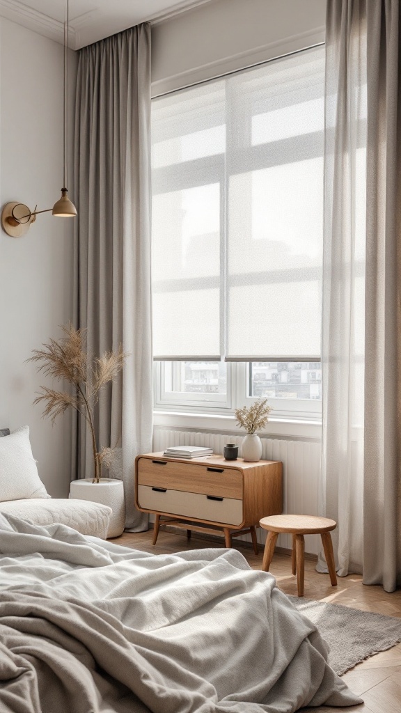 A modern bedroom featuring stylish window treatments with soft curtains and blinds.
