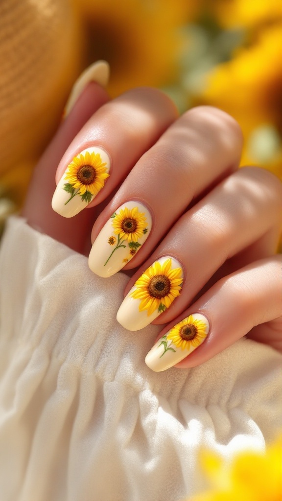 A hand with sunflower nail decorations surrounded by sunflowers on a checkered blanket.