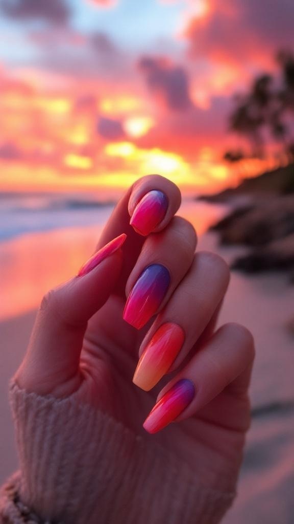 A hand with sunset gradient nails in vibrant orange and pink colors against a sunset beach background.