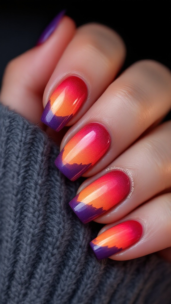 Nail design showcasing a sunset gradient with warm oranges, pinks, and purples.